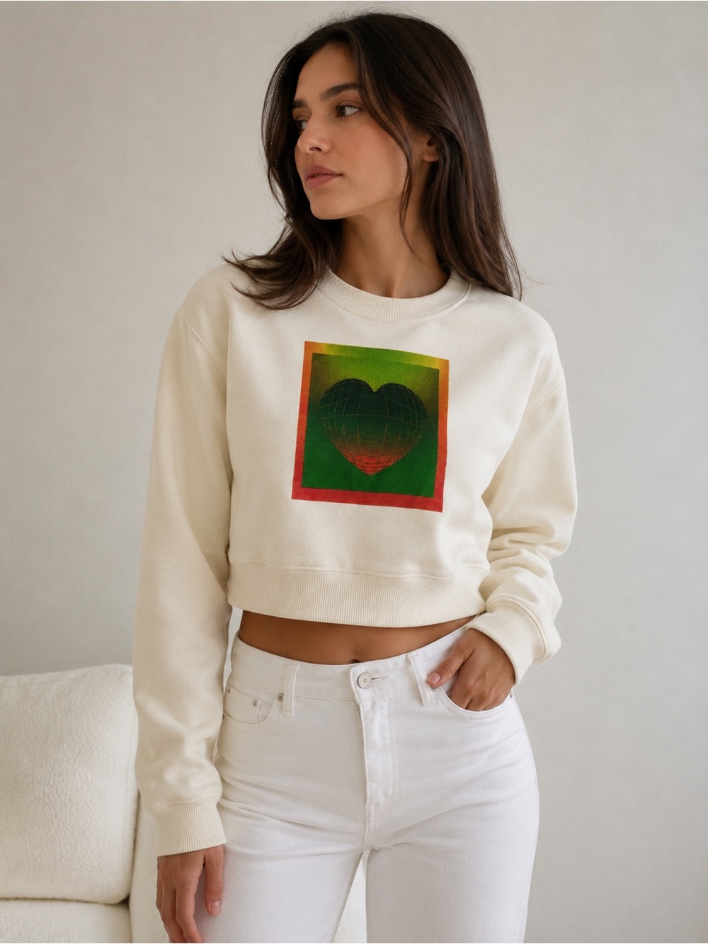 Diesel Cream Sweatshirt with Green-Red Heart Print